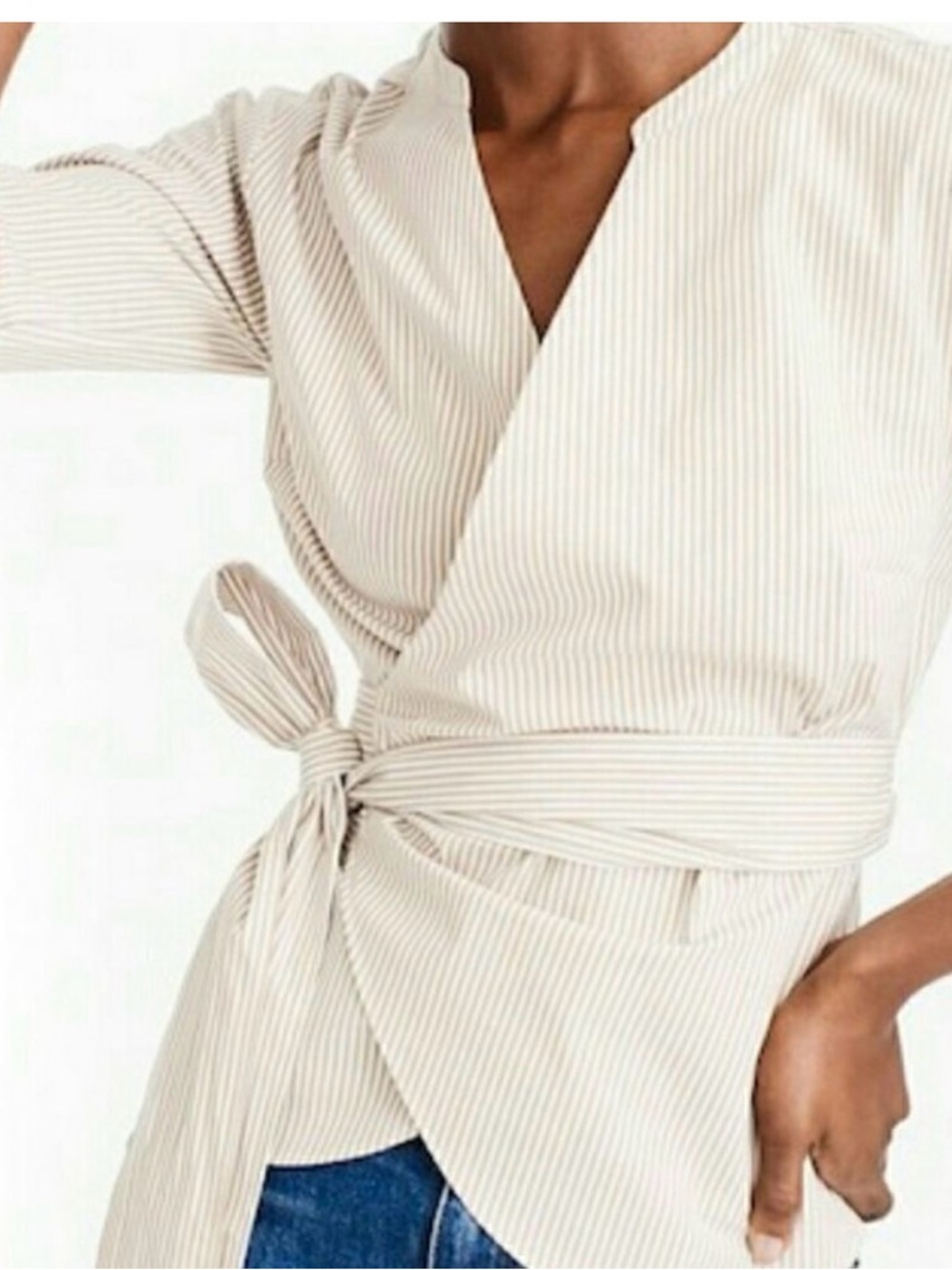 J. Crew Tan and White Striped Wrap Top